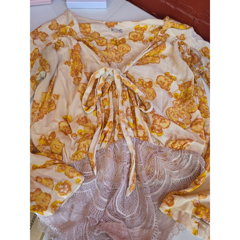 Free People Floral Yellow Cream Flare Arms Lace Bow Bodysuit L Large